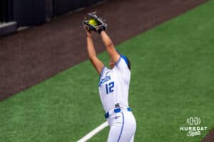 Creighton Bluejay Erika Perez (12) catches a foul ball during a college softball game against Nebraska on March 31, 2026, in Omaha, Nebraska. Photo by Brandon Tiedemann