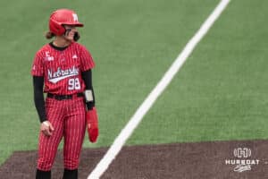 Nebraska Cornhusker Jordy Frahm (98) stands on third base during a college softball game against Creighton on March 31, 2026, in Omaha, Nebraska. Photo by Brandon Tiedemann
