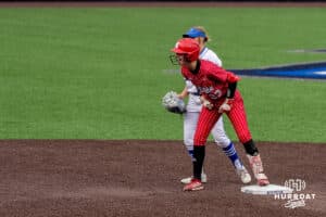 Nebraska Cornhusker Hannah Coor (23) celebrates her double during a college softball game against Creighton on March 31, 2026, in Omaha, Nebraska. Photo by Brandon Tiedemann