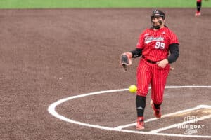 Nebraska Cornhusker Alexis Jensen (99) pitches during a college softball game against Creighton on March 31, 2026, in Omaha, Nebraska. Photo by Brandon Tiedemann