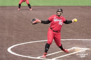 Nebraska Cornhusker Alexis Jensen (99) pitches during a college softball game against Creighton on March 31, 2026, in Omaha, Nebraska. Photo by Brandon Tiedemann