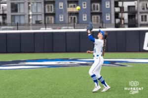 Creighton Bluejay Avery Barnard (19) catches a fly ball during a college softball game against Nebraska on March 31, 2026, in Omaha, Nebraska. Photo by Brandon Tiedemann