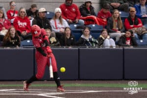 Nebraska Cornhusker Ava Kuszak (7) hits during a college softball game against Creighton on March 31, 2026, in Omaha, Nebraska. Photo by Brandon Tiedemann