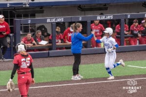 Creighton Bluejay Tara Vandewater (24) celebrates her homerun during a college softball game against Nebraska on March 31, 2026, in Omaha, Nebraska. Photo by Brandon Tiedemann