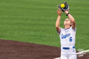 Creighton Bluejay Kaelan Schultz (6) catches a foul ball during a college softball game against Nebraska on March 31, 2026, in Omaha, Nebraska. Photo by Brandon Tiedemann