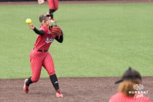 Nebraska Cornhusker Ava Kuszak (7) throws to first base during a college softball game against Creighton on March 31, 2026, in Omaha, Nebraska. Photo by Brandon Tiedemann