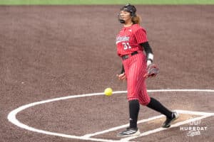 Nebraska Cornhusker Kylee Magee (31) pitches during a college softball game against Creighton on March 31, 2026, in Omaha, Nebraska. Photo by Brandon Tiedemann