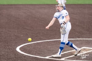 Creighton Bluejay Audrey Gilman (3) pitches during a college softball game against Nebraska on March 31, 2026, in Omaha, Nebraska. Photo by Brandon Tiedemann