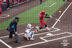 Nebraska Cornhusker Jesse Farrell (25) hits during a college softball game against Creighton on March 31, 2026, in Omaha, Nebraska. Photo by Brandon Tiedemann