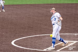 Creighton Bluejay Audrey Gilman (3) pitches during a college softball game against Nebraska on March 31, 2026, in Omaha, Nebraska. Photo by Brandon Tiedemann