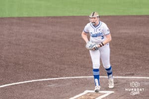Creighton Bluejay Audrey Gilman (3) pitches during a college softball game against Nebraska on March 31, 2026, in Omaha, Nebraska. Photo by Brandon Tiedemann
