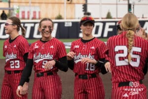 Nebraska Cornhusker Jordy Frahm (98) smiles during a college softball game against Creighton on March 31, 2026, in Omaha, Nebraska. Photo by Brandon Tiedemann