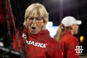 Nebraska head coach Rhonda Revelle celebrates as the Huskers close out the last inning to defeat the UCLA Bruins during a college softball game against UCLA, Mar. 27, 2026, Lincoln, Nebraska. Photo by Braden Cochran.