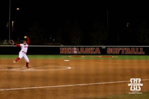 Nebraska pitcher Alexis Jensen (99) winds up for a pitch to a UCLA batter during a college softball game against UCLA, Mar. 27, 2026, Lincoln, Nebraska. Photo by Braden Cochran.