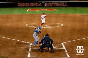 Nebraska pitcher Alexis Jensen (99) delivers a pitch over the plate to a UCLA batter during a college softball game against UCLA Mar. 27, 2026, Lincoln, Nebraska. Photo by Braden Cochran.