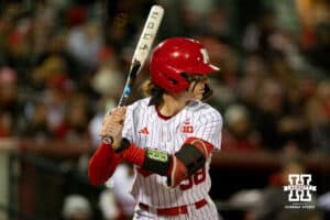 Lead off batter for Nebraska Jordy Frahm (98) prepares for her first pitch during a college softball game against UCLA, Mar. 27, 2026, Lincoln, Nebraska. Photo by Braden Cochran.