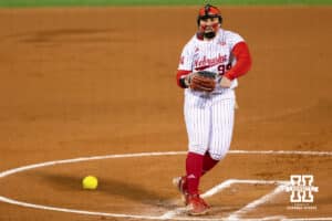 Nebraska pitcher Alexis Jensen (99) delivers a pitch over home plate during a college softball game against UCLA Mar. 27, 2026, Lincoln, Nebraska. Photo by Braden Cochran.