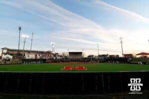 Bowlin Stadium as the sun sets during a college softball game between Nebraska and UCLA, Mar. 27, 2026, Lincoln, Nebraska. Photo by Braden Cochran.