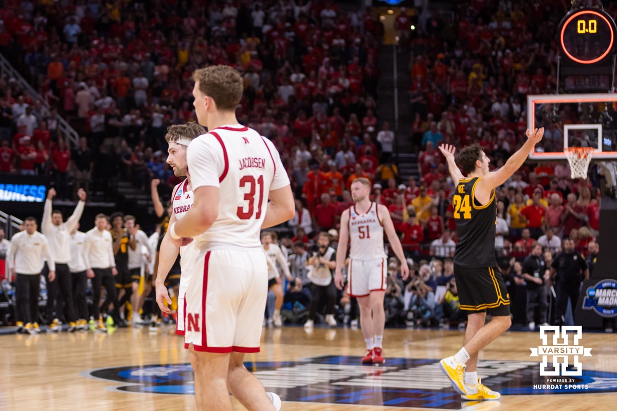 Iowa Hawkeye guard Tate Sage (24) celebrates the win as the Huskers walk to the sideline during the Sweet Sixteen of the NCAA Men’s Basketball Championship on Thursday, March 26, 2026, in Houston. Photo by John S. Peterson.