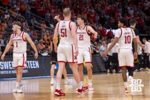 Nebraska Cornhusker forward Pryce Sandfort (21) calls the team together late in the game against the Iowa Hawkeyes during the Sweet Sixteen of the NCAA Men’s Basketball Championship on Thursday, March 26, 2026, in Houston. Photo by John S. Peterson.