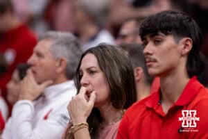 Nebraska Cornhusker fans showing concern against the Iowa Hawkeyes during the Sweet Sixteen of the NCAA Men’s Basketball Championship on Thursday, March 26, 2026, in Houston. Photo by John S. Peterson.