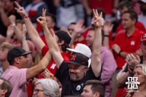 Nebraska Cornhusker head coach Matt Rhule celebrates a three point basket against the Iowa Hawkeyes during the Sweet Sixteen of the NCAA Men’s Basketball Championship on Thursday, March 26, 2026, in Houston. Photo by John S. Peterson.