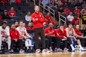 Nebraska Cornhusker head coach Fred Hoiberg watching the action on the court against the Iowa Hawkeyes during the Sweet Sixteen of the NCAA Men’s Basketball Championship on Thursday, March 26, 2026, in Houston. Photo by John S. Peterson.