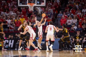 Nebraska Cornhusker guard Sam Hoiberg (1) makes a layup against the Iowa Hawkeyes in the first half during the Sweet Sixteen of the NCAA Men’s Basketball Championship on Thursday, March 26, 2026, in Houston. Photo by John S. Peterson.