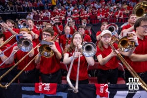 Nebraska Cornhusker Big Red Express plays at a break in the action against the Iowa Hawkeyes during the Sweet Sixteen of the NCAA Men’s Basketball Championship on Thursday, March 26, 2026, in Houston. Photo by John S. Peterson.