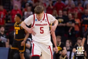 Nebraska Cornhusker forward Braden Frager (5) celebrates making a three point basket against the Iowa Hawkeyes in the first half during the Sweet Sixteen of the NCAA Men’s Basketball Championship on Thursday, March 26, 2026, in Houston. Photo by John S. Peterson.