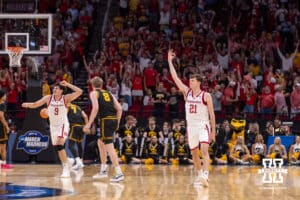 Nebraska Cornhusker forward Pryce Sandfort (21) makes a three point basket in the first half during the Sweet Sixteen of the NCAA Men’s Basketball Championship on Thursday, March 26, 2026, in Houston. Photo by John S. Peterson.