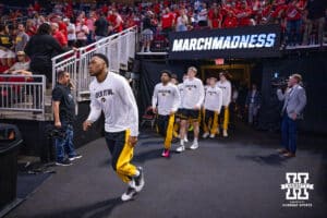Iowa Hawkeyes head to the court to take on the Nebraska Cornhuskers during the Sweet Sixteen of the NCAA Men’s Basketball Championship on Thursday, March 26, 2026, in Houston. Photo by John S. Peterson.