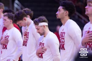 The National Anthem being performed by Big Red Express before the match up against the Iowa Hawkeyes during the Sweet Sixteen of the NCAA Men’s Basketball Championship on Thursday, March 26, 2026, in Houston. Photo by John S. Peterson.
