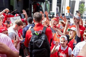 Nebraska Cornhusker head coach Fred Hoiberg gives high fives heading to the bus at the hotel to take on Iowa during the Sweet Sixteen of the NCAA Men’s Basketball Championship on Thursday, March 26, 2026, in Houston. Photo by John S. Peterson.