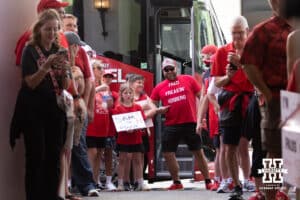 Nebraska Cornhusker fans show up at the team hotel to send off the Huskers to take on Iowa Hawkeyes during the Sweet Sixteen of the NCAA Men’s Basketball Championship on Thursday, March 26, 2026, in Houston. Photo by John S. Peterson.