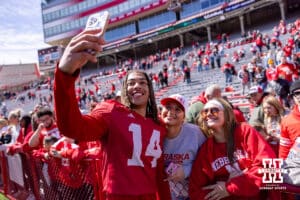 Nebraska Cornhusker quarterback TJ Lateef (14) makes a selfiy during the Spring Game on Saturday, March 28, 2026, in Lincoln. Photo by John S. Peterson.