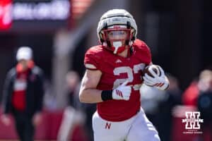 Nebraska Cornhusker running back Conor Booth (23) runs for a touchdown in the fourth quarter during the Spring Game on Saturday, March 28, 2026, in Lincoln. Photo by John S. Peterson.
