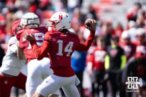 Nebraska Cornhusker quarterback TJ Lateef (14) looks to pass during the spring game on March 28, 2026, in Lincoln, Nebraska. Photo by Brandon Tiedemann