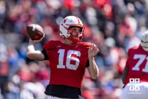 Nebraska Cornhusker quarterback Bode Soukup (16) drops back to pass during the Spring Game on Saturday, March 28, 2026, in Lincoln. Photo by John S. Peterson.