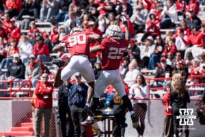 Nebraska Cornhuskers running back Jamal Rule (25) and wide receiver Jeremiah Jones (80) celebrate a touchdown during the spring game on March 28, 2026, in Lincoln, Nebraska. Photo by Brandon Tiedemann