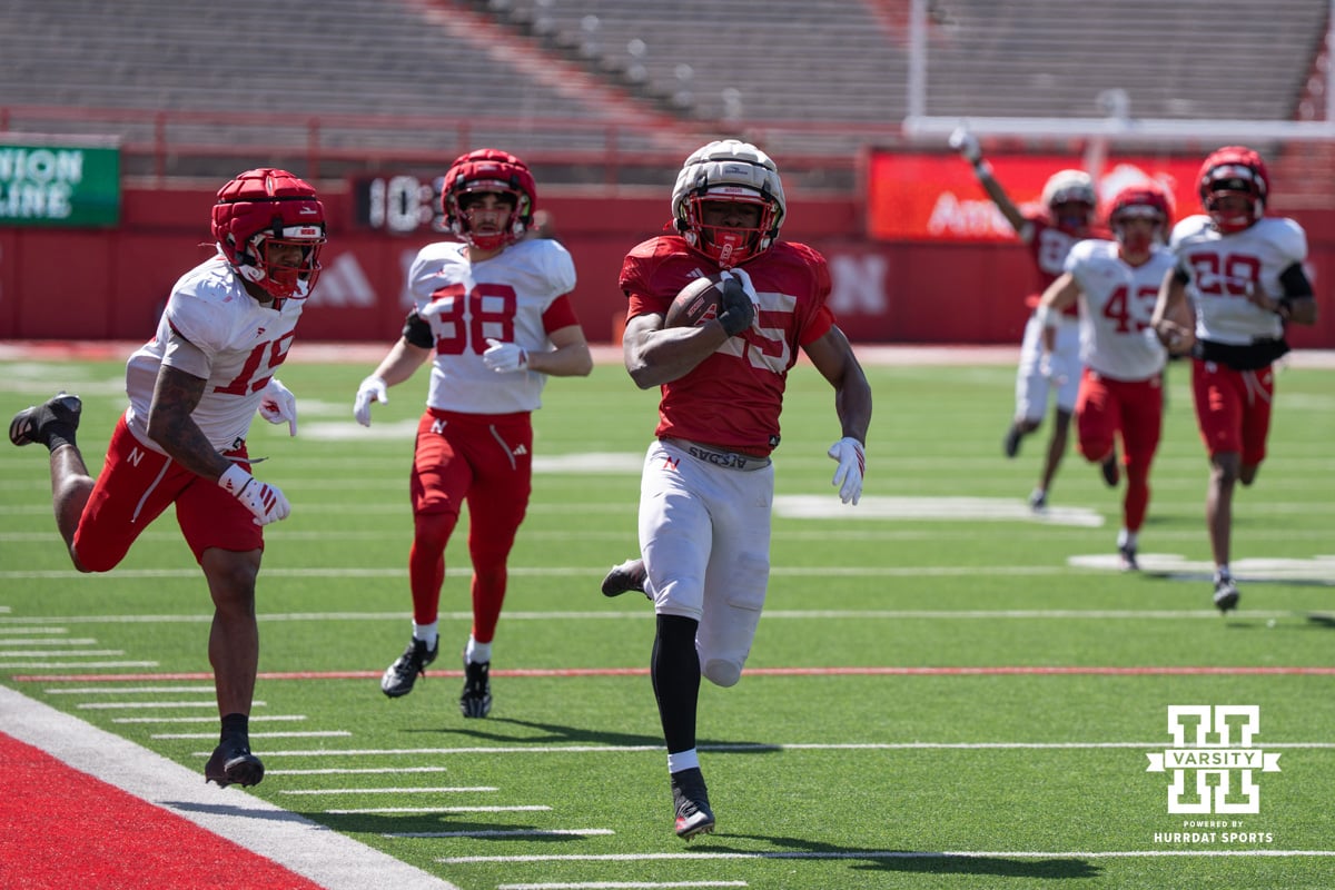 Nebraska Cornhusker running back Jamal Rule (25) runs for a touchdown during the spring game on March 28, 2026, in Lincoln, Nebraska. Photo by Brandon Tiedemann.