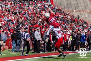 Nebraska Cornhusker wide receiver Jackson Carpenter (88) jumps for the ball against cornerback Danny Odem III (16) during the Spring Game on Saturday, March 28, 2026, in Lincoln. Photo by John S. Peterson.