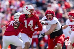 Nebraska Cornhusker quarterback TJ Lateef (14) rolls out to ball during the Spring Game on Saturday, March 28, 2026, in Lincoln. Photo by John S. Peterson.