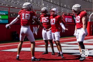 Nebraska Cornhuskers celebrate a touchdown pass to wide receiver Quinn Clark (18) during the Spring Game on Saturday, March 28, 2026, in Lincoln. Photo by John S. Peterson.