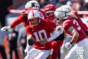 Nebraska Cornhusker quarterback Anthony Colandrea (10) hands the ball off during the Spring Game on Saturday, March 28, 2026, in Lincoln. Photo by John S. Peterson.