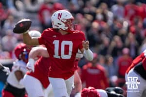 Nebraska Cornhusker quarterback Anthony Colandrea (10) looks to pass during the spring game on March 28, 2026, in Lincoln, Nebraska. Photo by Brandon Tiedemann