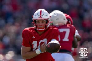 Nebraska Cornhusker quarterback Anthony Colandrea (10) hands the ball off during the spring game on March 28, 2026, in Lincoln, Nebraska. Photo by Brandon Tiedemann