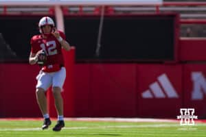 Nebraska Cornhusker quarterback Daniel Kaelin (12) looks to pass during the spring game on March 28, 2026, in Lincoln, Nebraska. Photo by Brandon Tiedemann