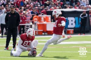 Nebraska Cornhusker Kyle Cunanan (91) kicks a field goal during the spring game on March 28, 2026, in Lincoln, Nebraska. Photo by Brandon Tiedemann