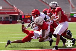 Nebraska Cornhusker wide receiver Jacory Barney Jr. (2) dives in for a touchdown during the Spring Game on Saturday, March 28, 2026, in Lincoln. Photo by John S. Peterson.